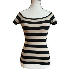 I.N. San Francisco Black and Cream Stripped Fitted Cap Sleeve Top Sz. S